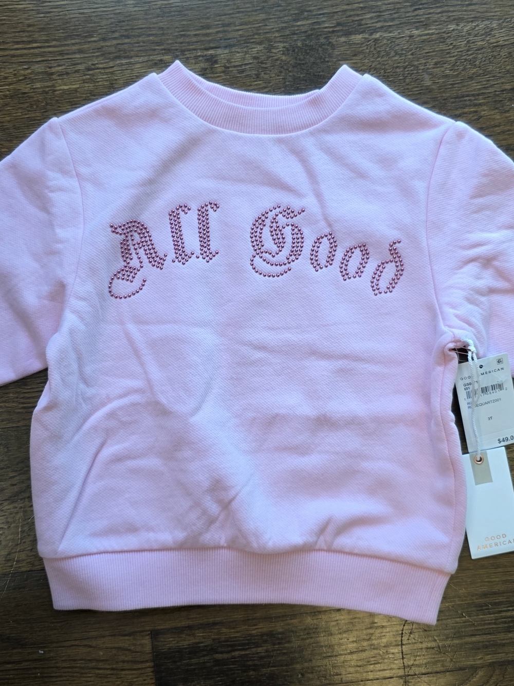 Good American Light Pink Rhinestone 'All Good' Kids Sweatshirt 3T